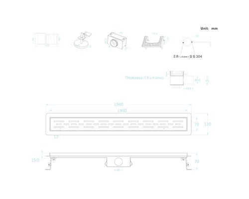 Schéma technique d''un drain de sol avec dimensions