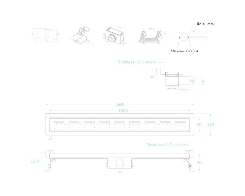 Schéma technique d''un siphon de douche avec dimensions et détails.