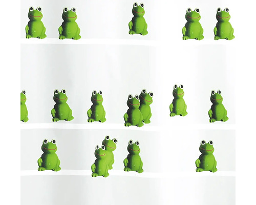 Mehrere grüne Froschfiguren auf weißen Regalen.