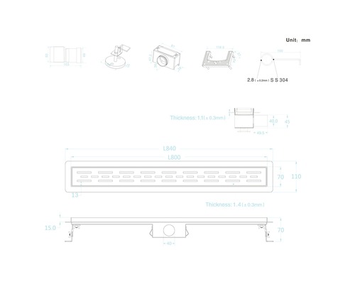 Schéma technique d''un caniveau de douche avec dimensions