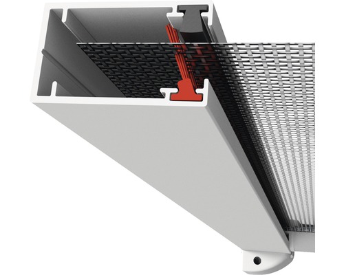 Detailansicht eines Insektenschutzrollos mit Rahmen und Netz