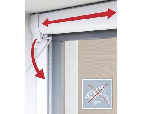 Illustration eines Insektenschutzrollos mit Hinweisen zur Montage ohne Bohren