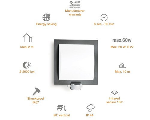 Steinellampe mit Infrarotsensor 180 Grad, stossfest IK07, IP 44