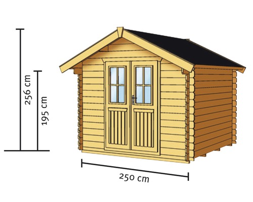 Illustration d''un abri de jardin avec les dimensions : hauteur 256 centimètres, hauteur de paroi latérale 195 centimètres, largeur 250 centimètres