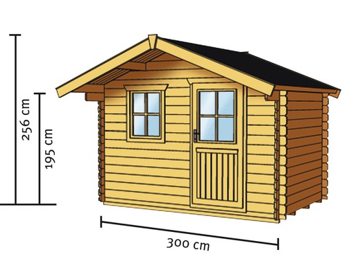 Illustration d''un abri de jardin en bois avec des dimensions de 300 cm de large, 195 cm de hauteur latérale et 256 cm de hauteur totale.