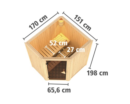 Sauna avec dimensions de 170 cm sur 151 cm sur 198 cm et une largeur de porte de 65,6 cm.