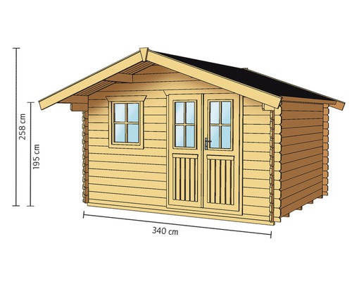Abri de jardin en bois avec fenêtre et double porte, dimensions 340 x 258 x 195 cm