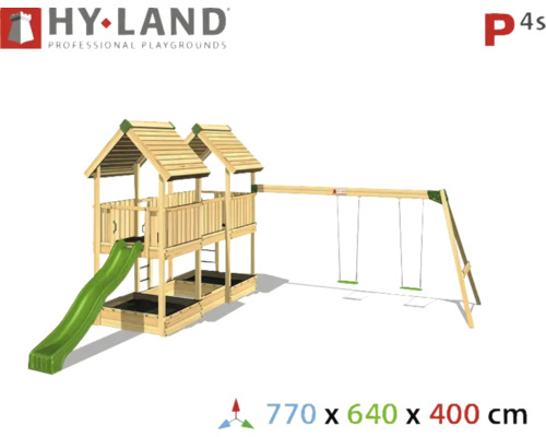 Aire de jeux avec balançoire, toboggan et tour de jeux en bois