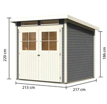 Gartenhaus mit Doppeltür, Fenstern und den Maßen 220 cm Höhe, 213 cm Breite und 217 cm Tiefe.