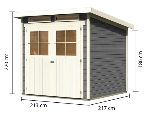 Abri de jardin avec double porte, fenêtres et dimensions de 220 cm de hauteur, 213 cm de largeur et 217 cm de profondeur.