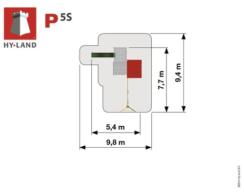Abmessungen des Hy-Land Spielplatzes P5S: 5,4 Meter mal 9,8 Meter breit, 7,7 Meter mal 9,4 Meter hoch.