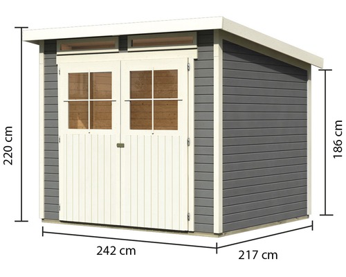 Abri de jardin avec double porte et indications de dimensions