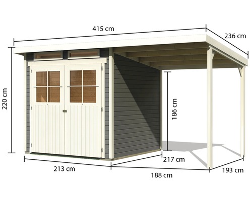 Image d''un abri de jardin avec carport et indication des dimensions