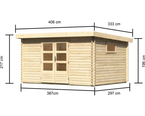 Abbildung eines Holzhauses mit Maßangaben in Zentimetern.