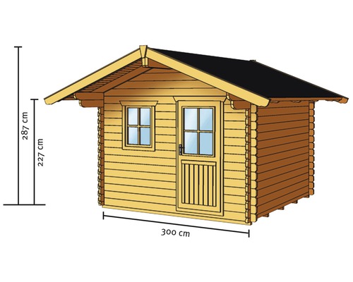 Image d''un abri de jardin avec les dimensions suivantes : 300 cm de large, 227 cm de hauteur de paroi latérale et 287 cm de hauteur totale.