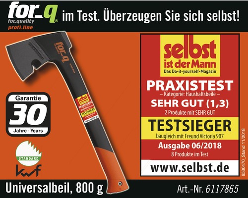 For-q Universalbeil mit 800 Gramm Gewicht, 30 Jahre Garantie und KWF Standard Siegel