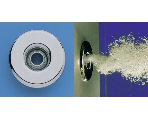 Jet couleur chrome pour bain à remous, vue de face et vue latérale avec jet d''eau