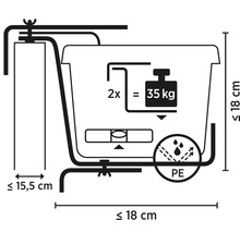 Technische Zeichnung eines Balkonkastenhalters mit Maßangaben und Belastungsgrenze von 35 Kilogramm