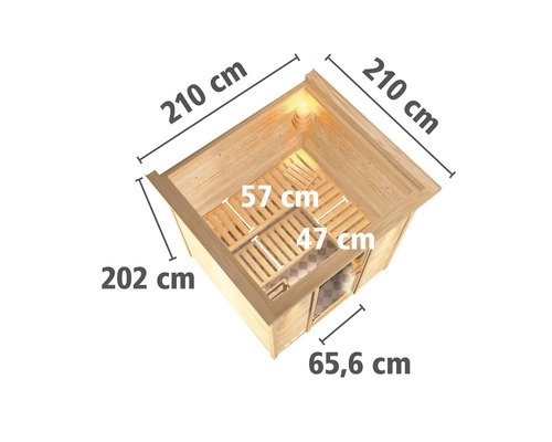 Vue de dessus d''un sauna avec les dimensions : 210 cm de largeur, 210 cm de profondeur, 202 cm de hauteur, banc de 57 cm et 47 cm, porte de 65,6 cm.