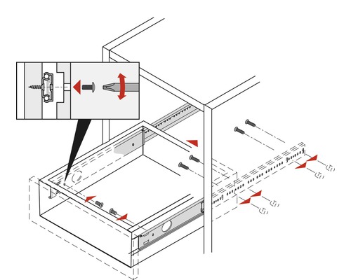 Représentation du montage d''un tiroir avec des vis