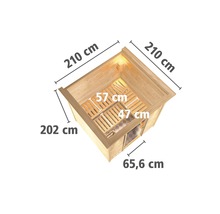 Illustration d''un sauna avec des indications de dimensions pour la longueur, la largeur et la hauteur.