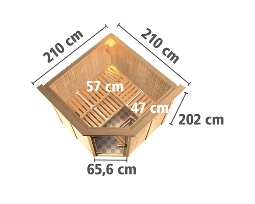 Draufsicht einer Ecksauna mit den Maßen 210 mal 210 mal 202 Zentimeter und einer Türbreite von 65,6 Zentimetern.
