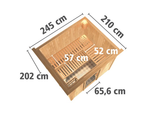 Produktzeichnung einer Sauna mit Abmessungen in Zentimetern