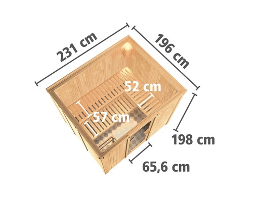 Draufsicht einer Sauna mit den Maßen 231 cm, 196 cm, 198 cm und 65,6 cm