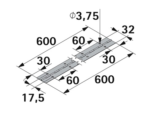Technische Zeichnung eines Klavierbandes mit Massangaben