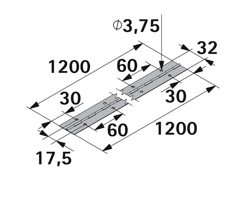 Dessin technique d''une charnière piano avec indications de dimensions