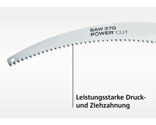 Nahaufnahme einer Astsäge mit kraftvoller Druck- und Zugverzahnung.