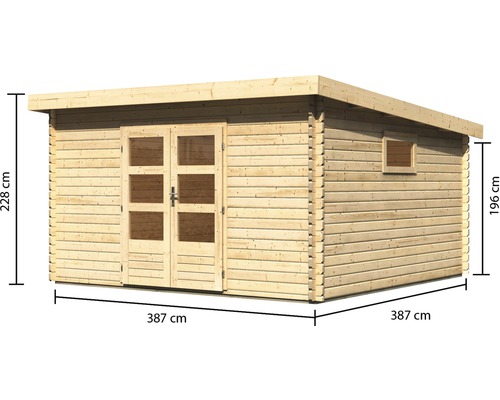 Abri de jardin en bois avec double porte et fenêtre et dimensions 387 x 387 x 228 cm