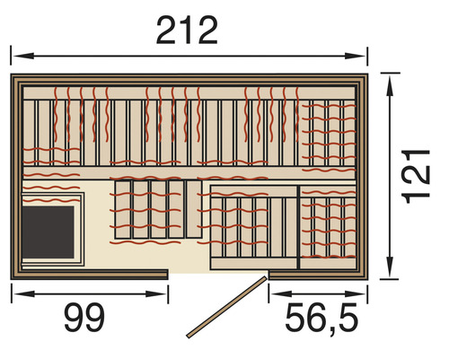 Grundriss einer Sauna mit Maßangaben.