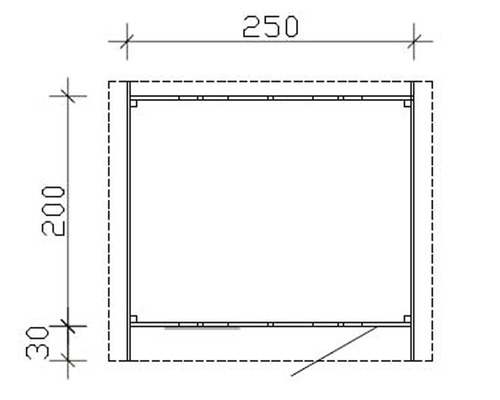 Technische Zeichnung eines Regals mit den Maßen 250 mal 200 mal 30 Millimeter.