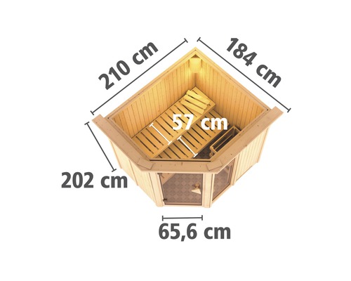 Draufsicht einer Ecksauna mit Abmessungen in Zentimetern.