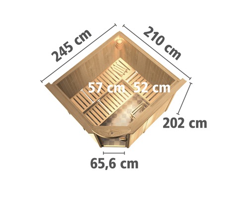 Draufsicht einer Sauna mit Maßangaben zu Länge, Breite und Tür