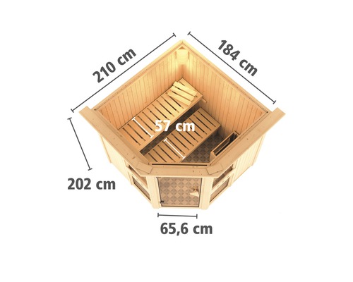 Sauna d''angle en bois avec des dimensions de 210 cm, 184 cm, 202 cm et 65,6 cm