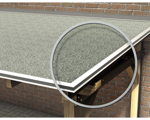 Nahaufnahme einer Dachkonstruktion mit Bitumenschindeln und Einfassprofilen.