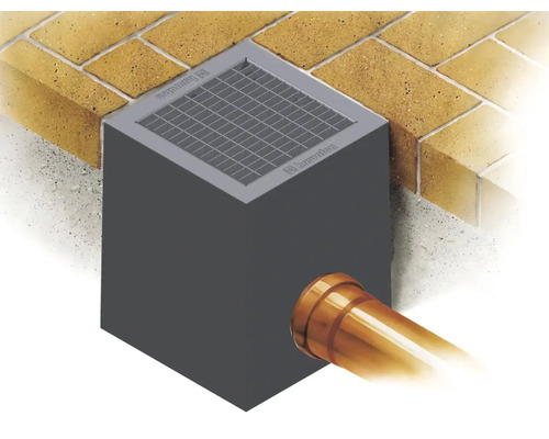 Aufsicht auf einen Hofablauf aus Kunststoff mit Gitterrost und Rohranschluss