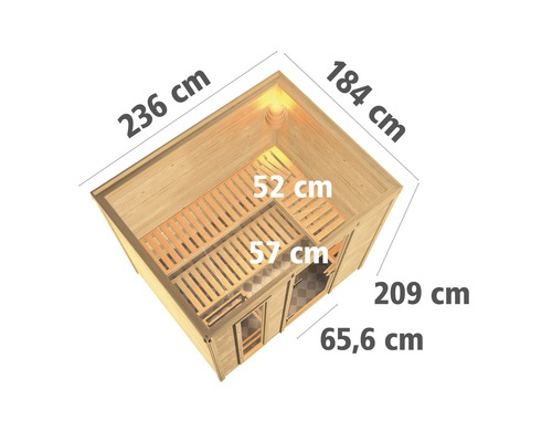 Draufsicht einer Sauna mit Maßangaben