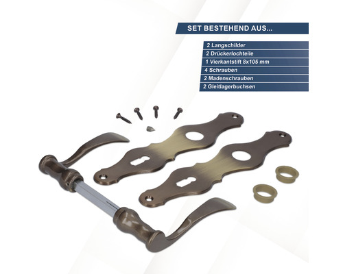 Türbeschlagset bestehend aus Langschildern, Drückerlochteilen, Vierkantstift, Schrauben, Madenschrauben und Gleitlagerbuchsen