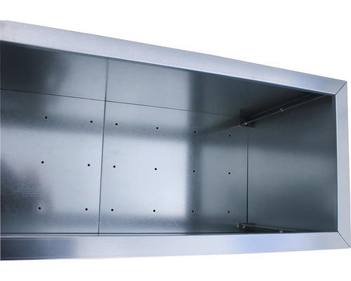 Vue intérieure d''une caisse rectangulaire en zinc avec des trous