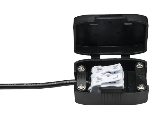 Schwarze Kabelanschlussdose mit offenem Deckel