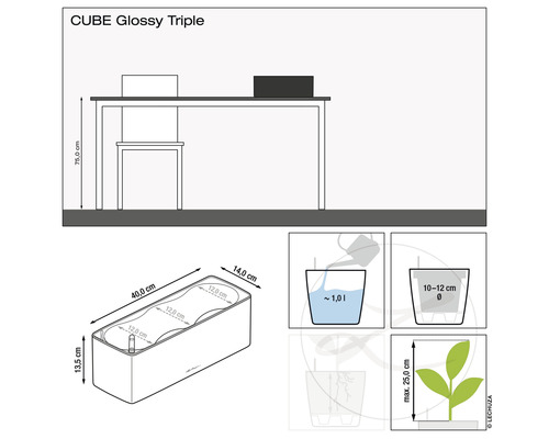Technische Zeichnung des Pflanzgefässes Cube Glossy Triple mit Massangaben und Füllhinweisen.