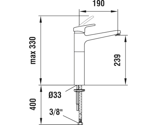 Technische Zeichnung einer Armatur mit Maßangaben