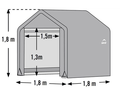 Abbildung eines ShelterLogic Lagerzelts mit Maßangaben.