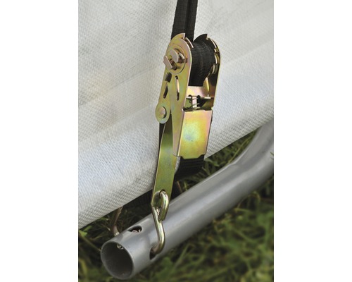 Vue détaillée d''un tendeur à cliquet avec crochets pour fixation sur un mât de tente