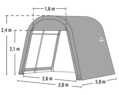 Abbildung einer ShelterLogic Gerätehaus Überdachung mit Maßangaben