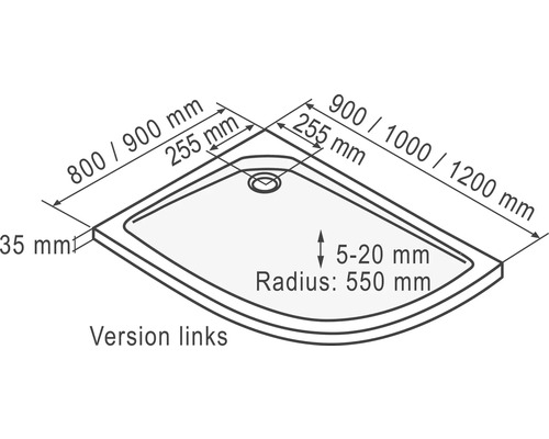 Technische Zeichnung einer Duschwanne mit Maßangaben