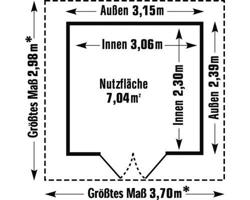 Grundriss mit Aussenmassen 3,15 Meter mal 2,39 Meter, grössten Massen 2,98 Meter mal 3,70 Meter, Innenmassen 3,06 Meter mal 2,30 Meter und einer Nutzfläche von 7,04 Quadratmetern.